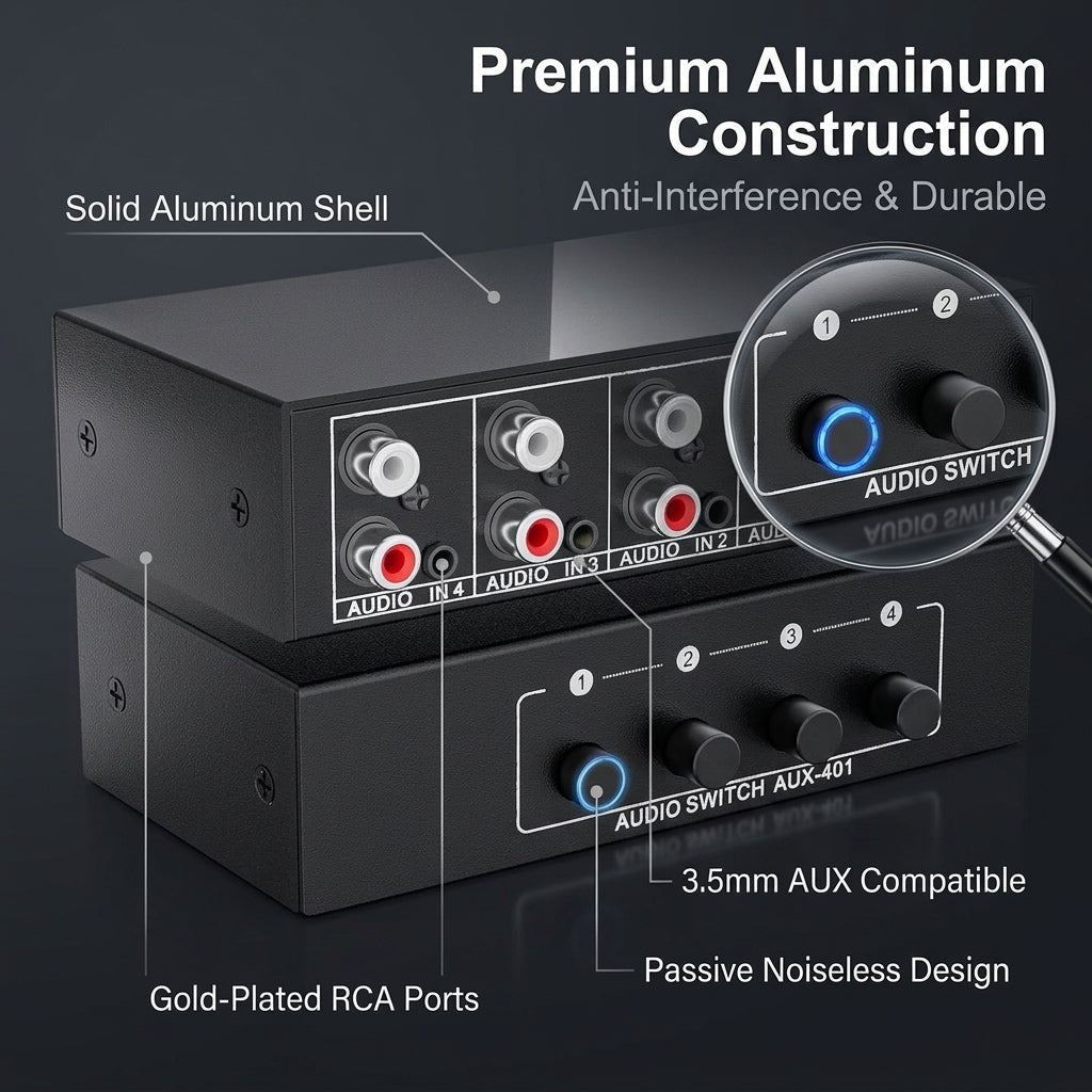 ZORBES® 4-Port Audio Switch Box 4-in-1 Out RCA 3.5mm Selector