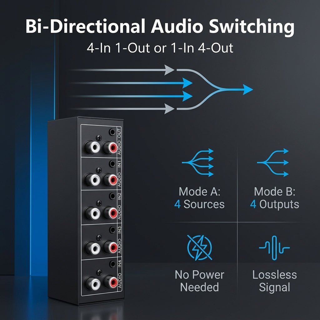 ZORBES® 4-Port Audio Switch Box 4-in-1 Out RCA 3.5mm Selector
