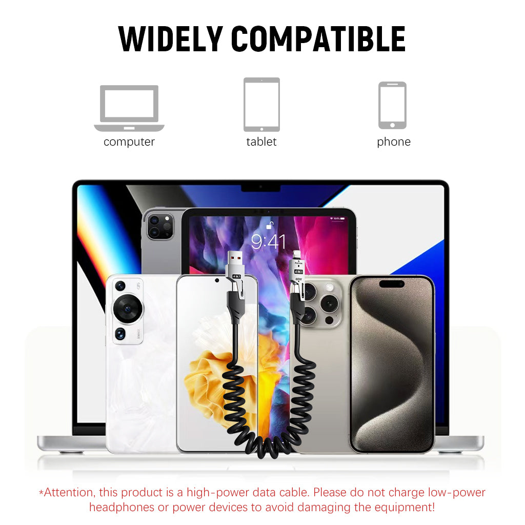 Verilux® 4 in1 Type C Cable with Spring, PD65W C Type Cable Fast Charging, 480Mbps Data Transfer USB to Type C Cable, Multi Adjustable Cable with Type C/USB A/Light-ning Port for iPhone 16/15, Black