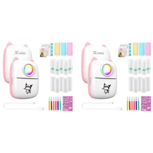 Zeitel® Mini Bluetooth Thermal Printer with LED Portable Label Inkfree for Android and iOS System Black on White with 13 Roll Paper 5 Color Pen 1 Kuromi Sticker Pink 2 PCS