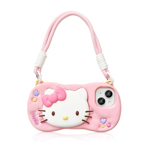 ZORBES® for iPhone 16 Pro Max Kawaii Phone Cover & Nylon Phone Lanyard 3D Sanrio Cartoon Silicone Phone Case Pink Kitty Phone Case with Intergrated Kitty Phone Stand Cute Girls Phone Case