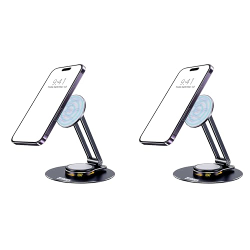 ZORBES® Magnetic Desk Phone Stand for iPhone 14 13 12 Series Aluminum Holder with 360 Rotation Base Adjustable Foldable Mobile Compatible with Pro Max Mini Mag Safe Case 2PCS