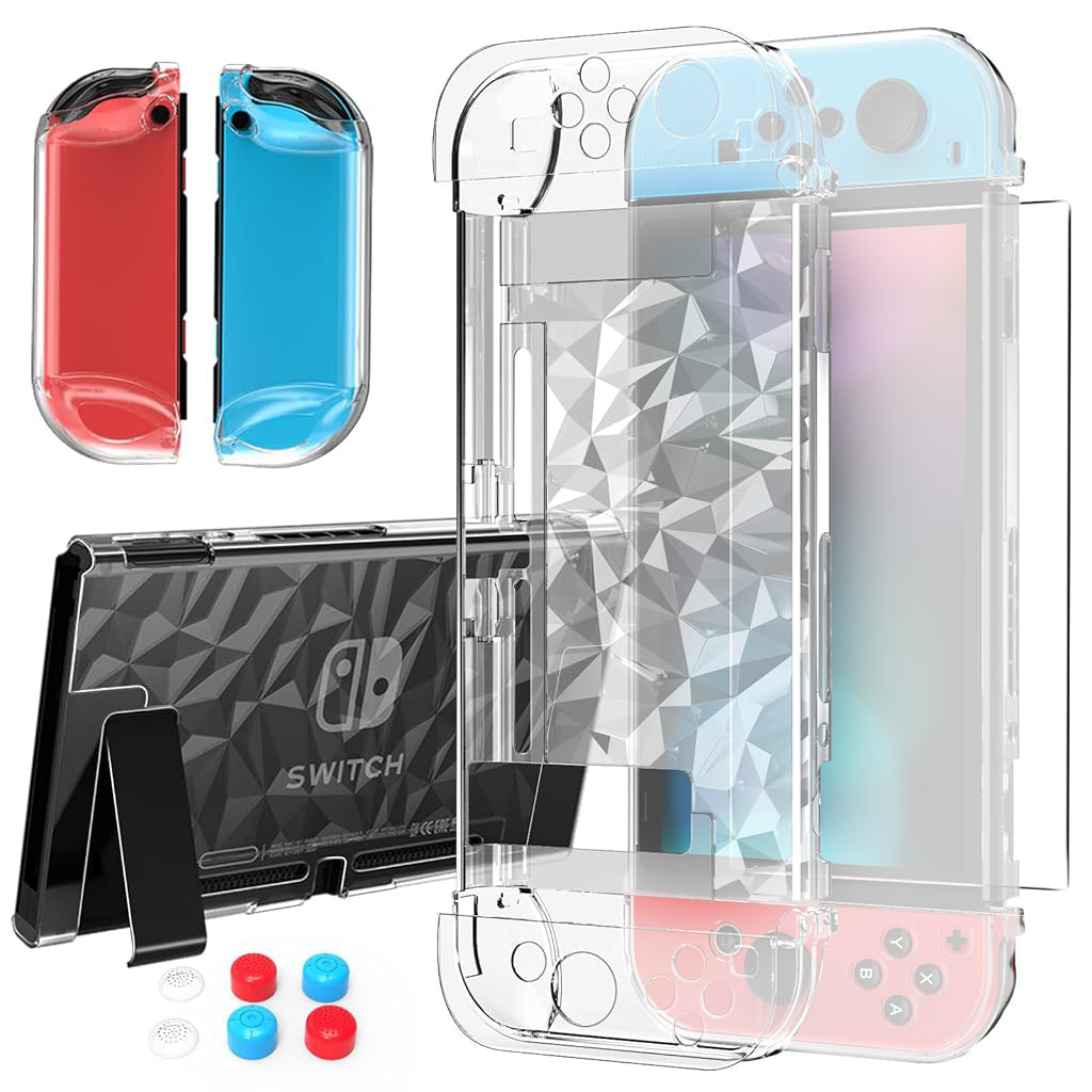 ZORBES® Case Compatible with Nintendo Switch with Protective Film, Transparent Protective Case for Nintendo Switch with Switch Protective Film and Thumb Sticks Caps, Shock Absorption and AntiScratch