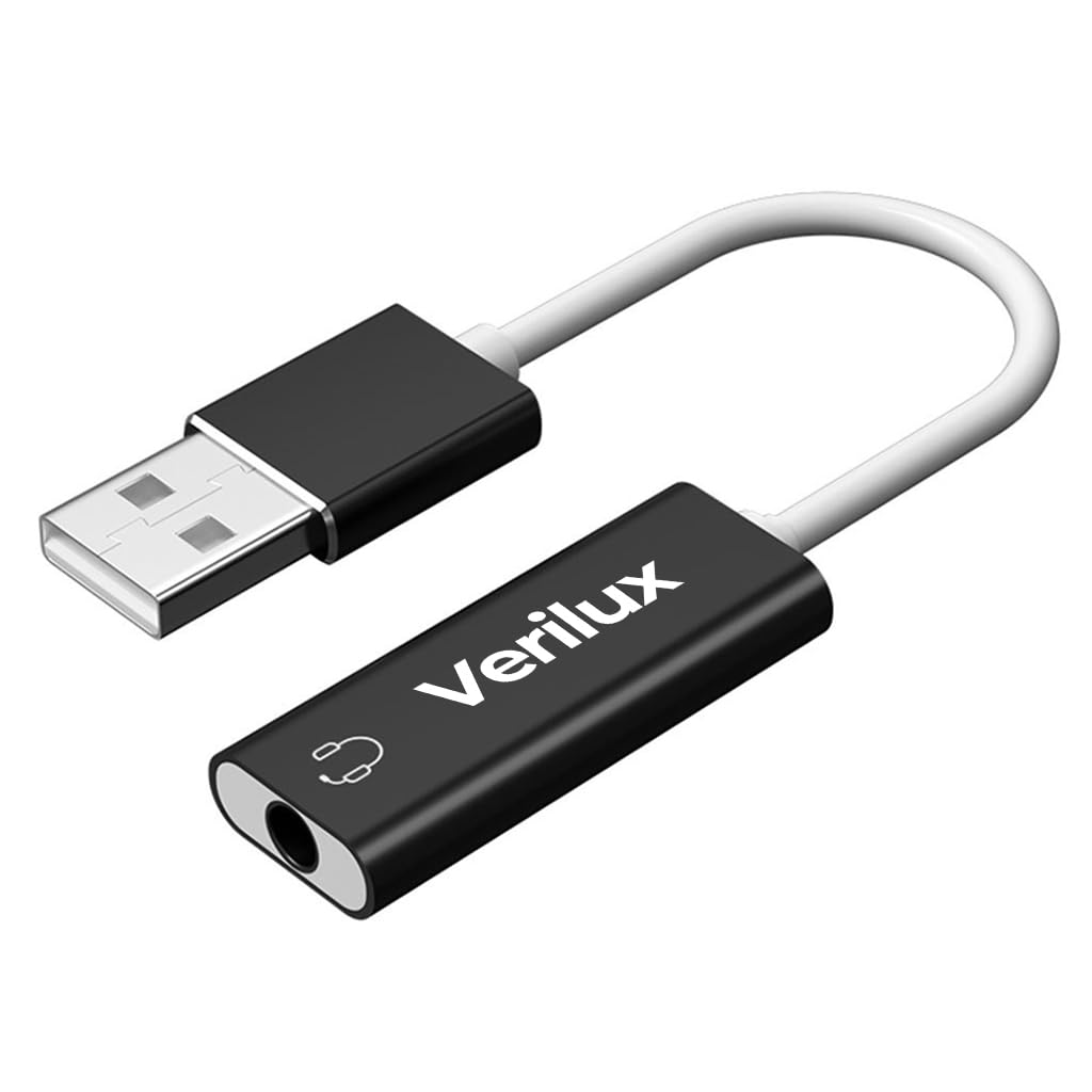 Verilux USB Sound Card for Laptop and PC featuring 3.5mm Audio Adapter | Plug & Play Black