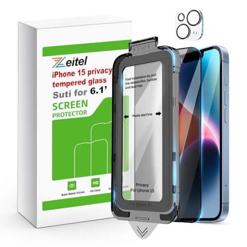 Zeitel® Privacy Screen Protector for iPhone 15 6.1 inches Tempered Glass Easiest 2-Step Installation Auto-Alignment HD Screen Protector Kit with 2 Pieces Screen Protectors and Accessories