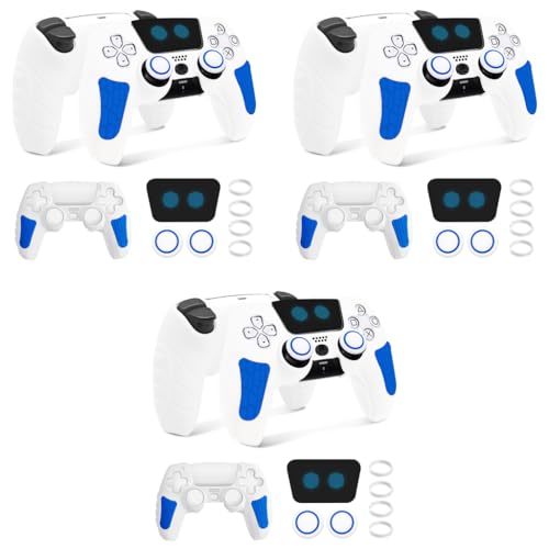 ZORBES® PS5 Controller Case Silicone Protective Cover for Dual Sense with 2 Thumb Grip Caps Touchpad Sticker White Blue 3PCS
