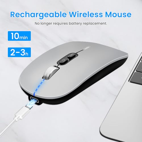 Verilux® Wireless Mouse Rechargeable Battery Level Visible 3 Modes 2.4G 3.0BT 5.0BT Bluetooth for Laptop 1600DPI Ergonomic Silent Mac PC iPad Grey 2PCS