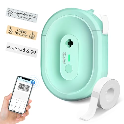 Zeitel® No Ink Thermal Label Printer, Mini Sticker Printer for iOS & Android, 203DPI Wireless Pocket Label Maker for Home, Office, Organization & DIY, with 1 Roll 14x40mm Sticker Lables