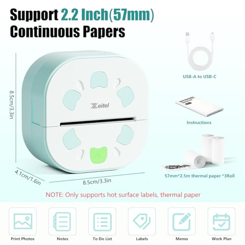 Zeitel® Mini Thermal Printer Pocket Label Printer, Black On White, 20mm/s High Speed USB Cordless Bluetooth Thermal Printer for iOS & Android, with 3 Rolls HD Thermal Print Paper