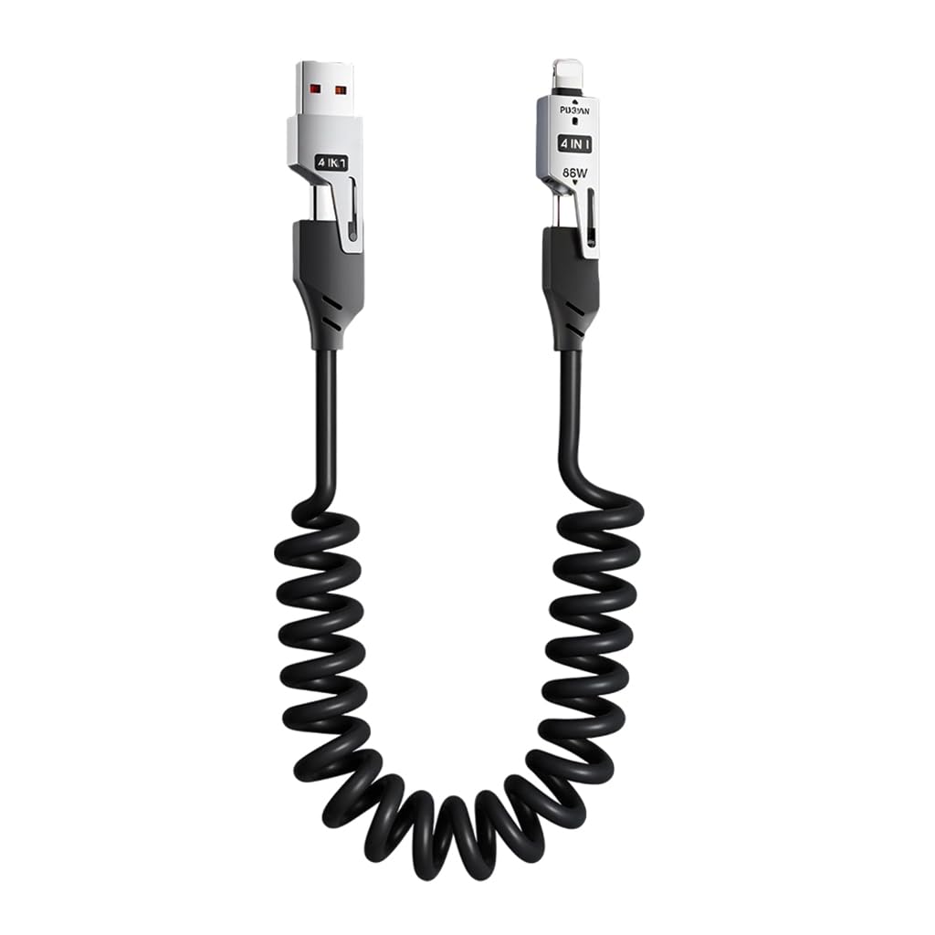 Verilux Type C Cable 4 in1 Fast Charging 65W with Spring Coiled Design and 480Mbps Data Transfer