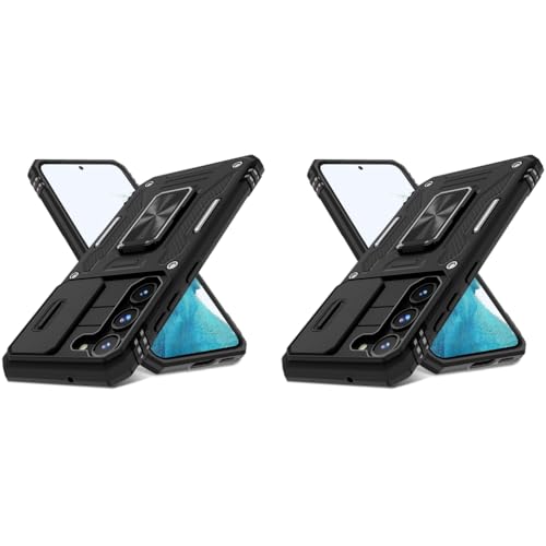 ZORBES® Phone Case for Samsung Galaxy S23 with Rotatable Kickstand Grip Hard PC Sliding Camera Cover Anti-Scratch Black 2 PCS