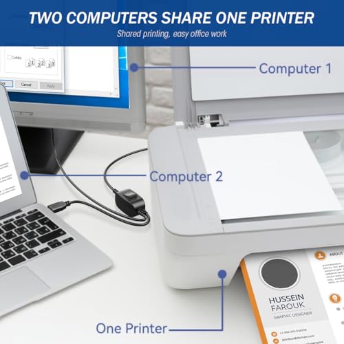 Verilux® 5FT Printer Cable with Switcher Dual USB to USB-B for Two Computers Nylon Gold Plated for HP Canon Dell Epson Lexmark Xerox Samsung and More 2PCS