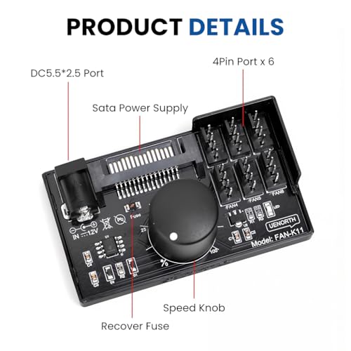 ZORBES® 4 Pin 12V PWM Fan Controller Speed Controller Kit, Support Max 6 Fans, CPU Tower Fan Controller Modification Kit with Knob, Powered by SATA and DC 5525