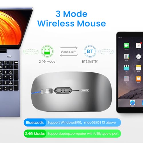 Verilux® Wireless Mouse Rechargeable Battery Level Visible 3 Modes 2.4G 3.0BT 5.0BT Bluetooth for Laptop 1600DPI Ergonomic Silent Mac PC iPad Grey 3PCS