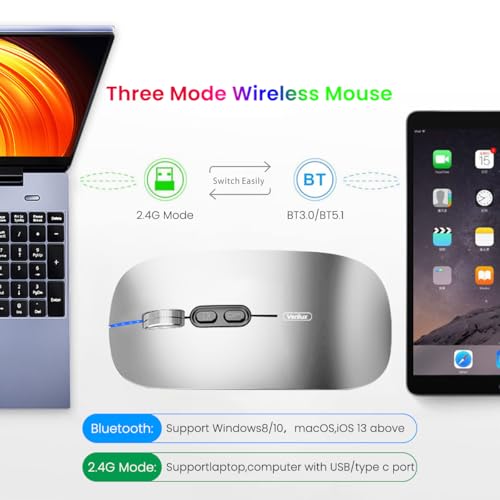 Verilux® Wireless Mouse Rechargeable Battery Level Visible 3 Modes 2.4G 3.0BT 5.0BT Bluetooth for Laptop 1600DPI Ergonomic Silent Mac PC iPad Sliver 2PCS