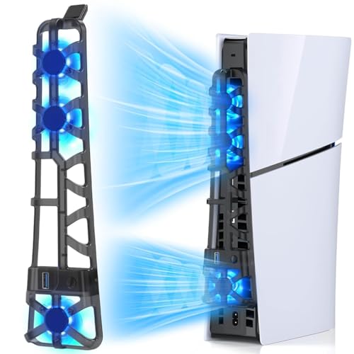ZORBES® LED Fan for PS5 Slim Console, Quiet Cooler with Memory Function, Accessory with 3 Fans & USB 3.0 Port Compatible with Playstation5 Slim Digital & Discs Edition