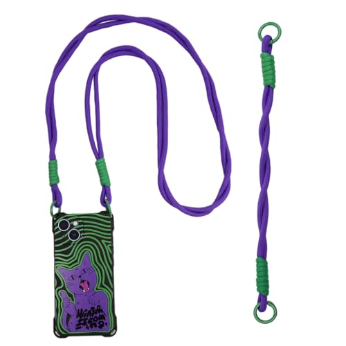 ZORBES® Compatible with iPhone 15 Silicone Phone Case, Phone Lanyard & Phone Sling Strap Chic Purple Cat Printed Phone Case for iPhone 15 Purple Braided Nylon Rope Phone Sling Strap, Set of 3Pcs