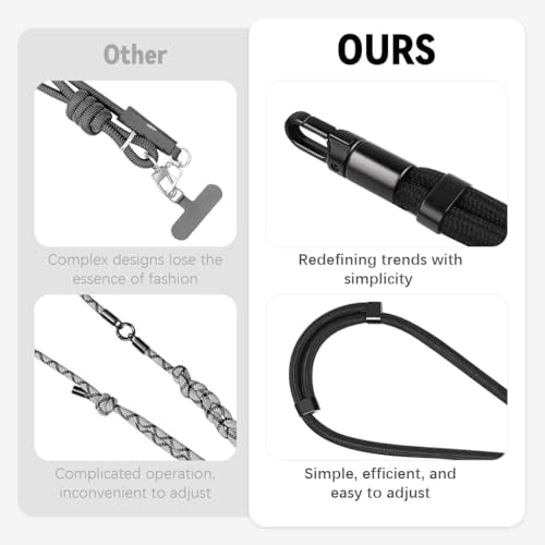 ZORBES® Phone Neck Lanyard, Fashion Nylon Woven Neck Phone Strap with Metal Insert Plates, Adjustable Sliding Cord Lock Design, Detachable Hands-Free Crossbody 60 °Swivel Phone Sling Strap, Black