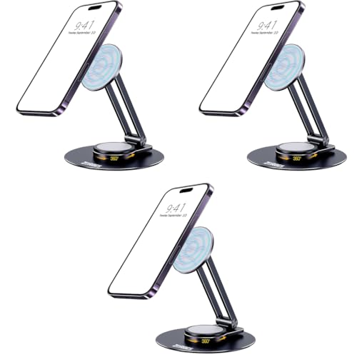 ZORBES® Magnetic Desk Phone Stand for iPhone 14 13 12 Series Aluminum Holder with 360 Rotation Base Adjustable Foldable Mobile Compatible Pro Max Mini Mag Safe Case 3PCS