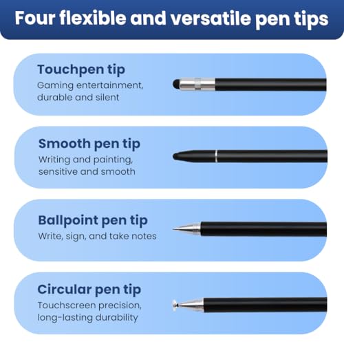 ZORBES® 4-in-1 High Precision Universal Capacitive Stylus Pen for Touch Screens Lightweight Aluminum Body 4 Tips 2 Size Rubber Tips, Disc Tip, Fine Point Compatible for iOS, Android & Windows