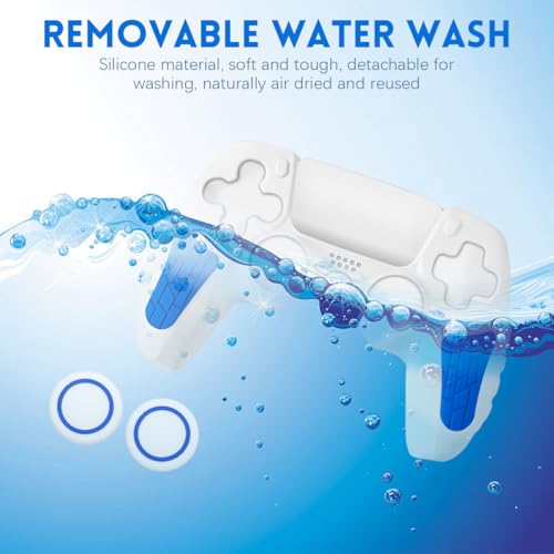 ZORBES® PS5 Controller Case Silicone Protective Cover for Dual Sense with 2 Thumb Grip Caps Touchpad Sticker White Blue 3PCS