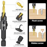 Serplex® 14Pcs Countersink Drill Bit Set, 5 Wood Drill Bits and 8 Plug Cutters with L-Wrench, Titanium-coated 1/4 Inch Hex Shank Quick-Change Wood Plug Cutter Set for Woodworking-Silver