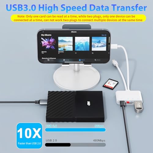 Verilux® Multi Card Reader for iPhone SD Card Reader 4 in 2 USB C Lightning to SD TF Card Flash Drive Reader Support Fast Charging for iOS Devices Portable 3PCS