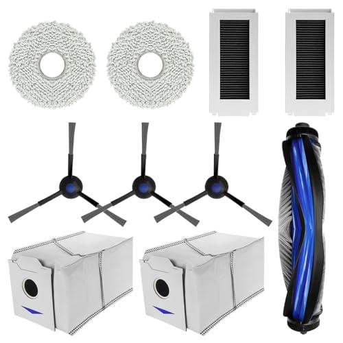 Verilux® 10Pcs Replacement Parts for Ecovacs N30 Pro Omni,Spare Accessories with 1 Main Brush,3 Side Brushes 2 Mop Cloth 2 Filters Cleaning Mop Dust Bags.