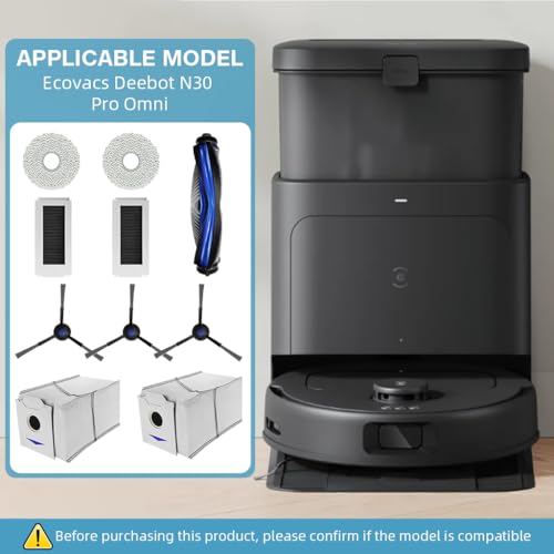 Verilux® 10Pcs Replacement Parts for Ecovacs N30 Pro Omni,Spare Accessories with 1 Main Brush,3 Side Brushes 2 Mop Cloth 2 Filters Cleaning Mop Dust Bags.