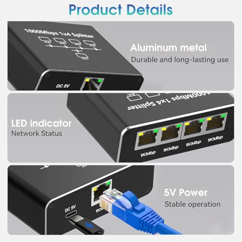 ZORBES® USB C Ethernet Splitter 4 in 1 Ethernet Splitter 1000Mbps RJ45 LAN Internet Splitter with USB-C Interface Universal Ethernet Splitter for Computer, Hub, Switch