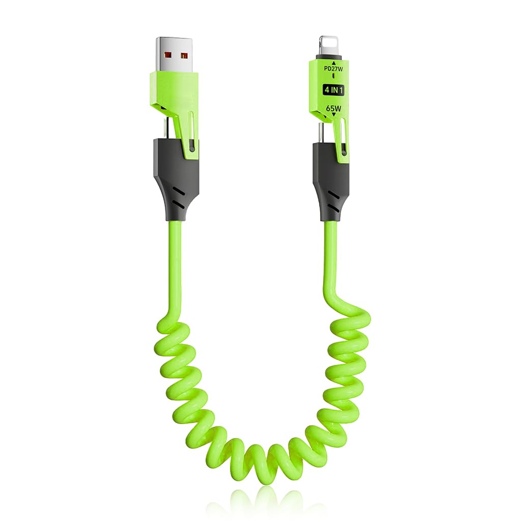Verilux 4 in1 Type C Cable for Fast Charging with PD65W Output and Spring Coiled Design | Green