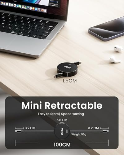 Verilux® USB C to Retractable Cable 3.3ft PD 240W Type Charging Data Lightweight Convenient Compatible with iPhone 15 Pro Plus Galaxy Z Flip5 S23 MacBook Pro Black 2PCS
