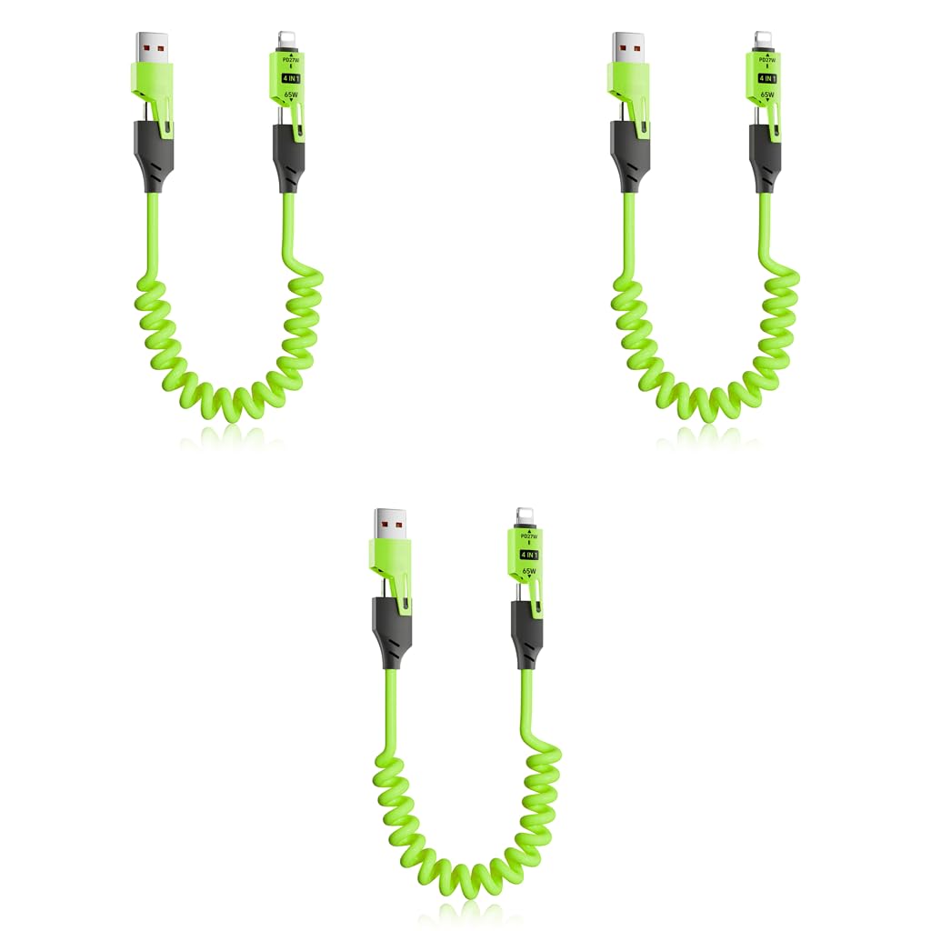 Verilux 4 in1 Type C Cable with Spring PD65W Fast Charging and 480Mbps Data Transfer | 3PCS Green