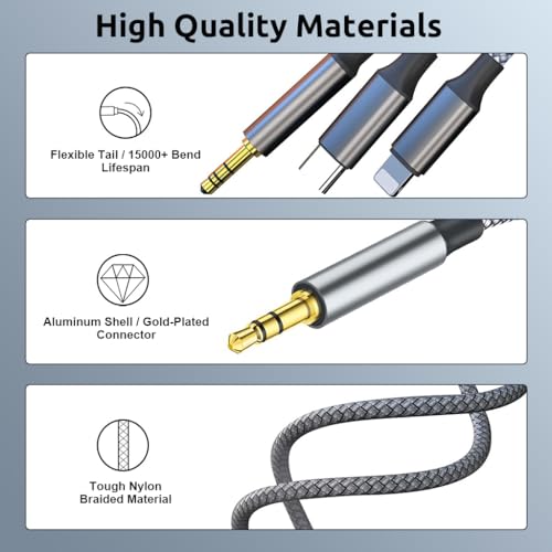 Verilux® 3 in 1 Car Aux Cable USB C to 3.5mm Audio Cord Stereo Compatible with Galaxy S23 S22 S21FE OnePlus iPhone 14 13 12 XR 3 PCS