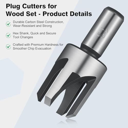 Serplex® 14Pcs Countersink Drill Bit Set, 5 Wood Drill Bits and 8 Plug Cutters with L-Wrench, Titanium-coated 1/4 Inch Hex Shank Quick-Change Wood Plug Cutter Set for Woodworking-Silver