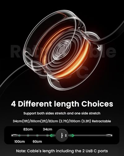 Verilux® USB C to Retractable Cable 3.3ft PD 240W Type Charging Data Lightweight Convenient Compatible with iPhone 15 Pro Plus Galaxy Z Flip5 S23 MacBook Pro Black 2PCS