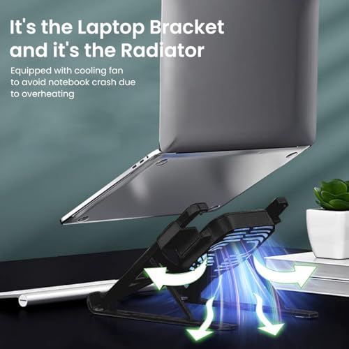 ZORBES® Laptop Stand 3 in 1 Laptop Riser with Cooling Fan & Phone Holder Adjustable Height and Angle Design 11-17'' Stand Anti-Slip Riser Folding,Black