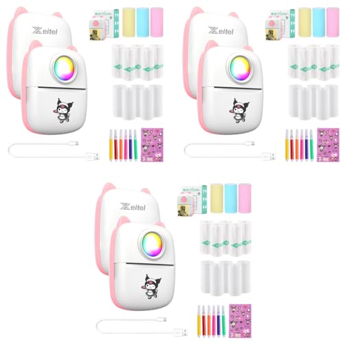 Zeitel® Mini Bluetooth Thermal Printer with LED Portable Label Inkfree Printer for Android iOS System Black on White with 13 Roll Paper 5 Color Pen 1 Kuromi Sticker Pink 3 PCS