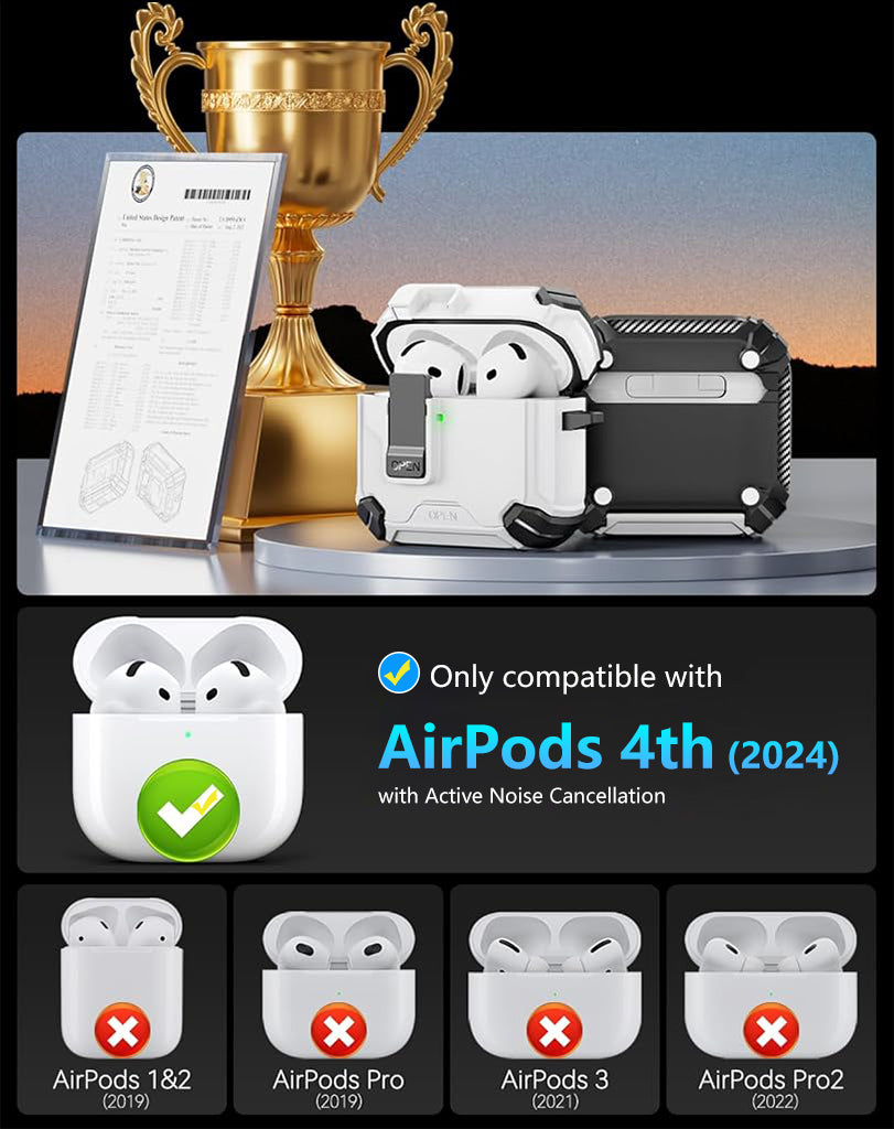 ZORBES® Compatible with AirPods 4th Generation Case Sleek White TPU Protective Case with Lock & Charging Port Flip Lid Design Fashion Earbud Charging Case Cover for AirPods 4th Gen, with Carabiner