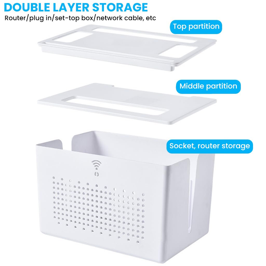 Verilux Router Stand Cable Organizer Box for Home and Office with Double Layer 31×21×20 cm | ABS Storage for Cables and Power Boards