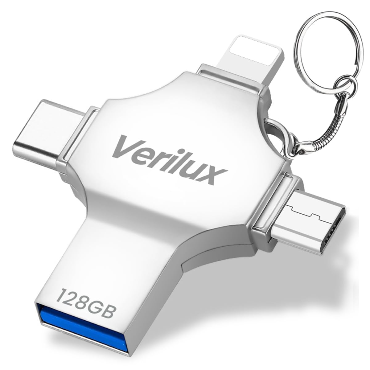 Verilux Flash Drive for iPhone and Android with 128GB Storage featuring 4 in 1 Interfaces