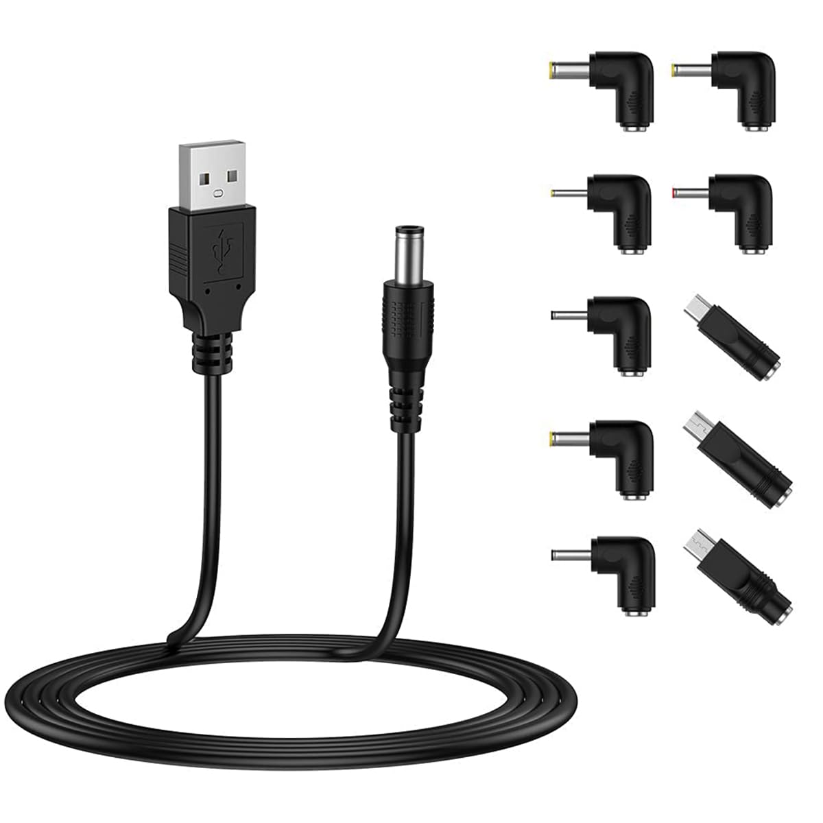 Verilux® USB to DC 5V Power Cord, Universal DC 5.5x2.1mm Plug Jack Charging Cable with 10 Connector Tips(5.5x2.5, 4.8x1.7, 4.0x1.7, 4.0x1.35, 3.5x1.35, 3.0x1.1, 2.5x0.7, Micro USB, Type-C, Mini USB)