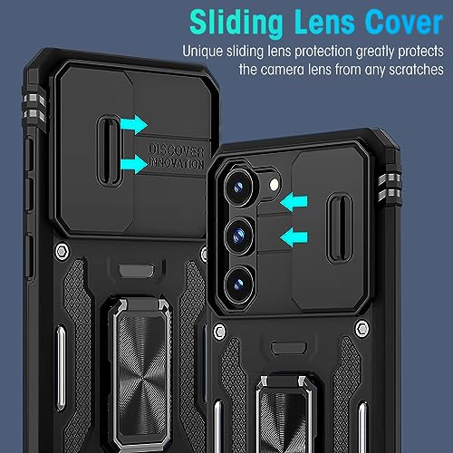 ZORBES® Phone Case for Samsung Galaxy S23 with Rotatable Kickstand Grip Hard PC Sliding Camera Cover Anti-Scratch Black 2 PCS