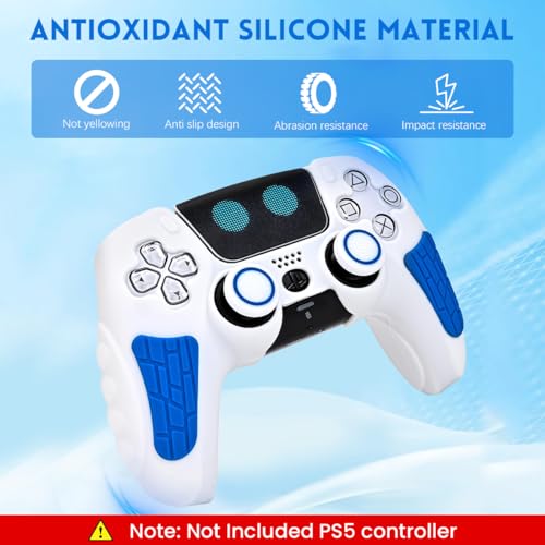 ZORBES® PS5 Controller Case Silicone Protective for Dual Sense with 2 Thumb Grip Caps Touchpad Sticker White Blue 2PCS