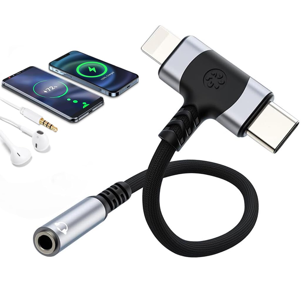 Verilux 2 in 1 Aux Audio Adapter for iPhone and Type C Devices featuring 48 KHz 24 bit Sound | Nylon Braid Plug and Play Design