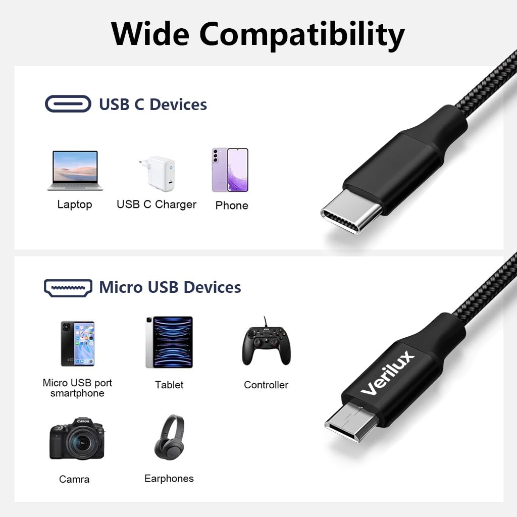 Verilux Type C to Micro USB Cable for Fast Charging with 9.8 ft Length and Nylon Braided Design