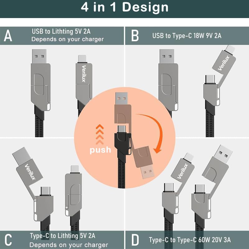 4 in 1 USB/Type C to USB C/Light- ning Charging Cable