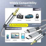 Verilux® 3 in 1 Car Aux Cable USB C to 3.5mm Audio Cord Stereo Compatible with Galaxy S23 S22 S21FE OnePlus iPhone 14 13 12 XR 2 PCS