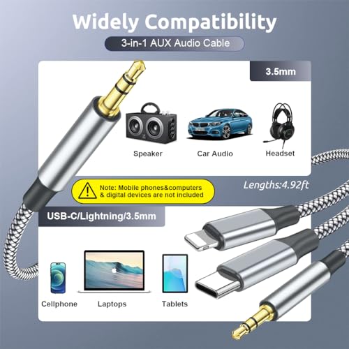 Verilux® 3 in 1 Car Aux Cable USB C to 3.5mm Audio Cord Stereo Compatible with Galaxy S23 S22 S21FE OnePlus iPhone 14 13 12 XR 3 PCS