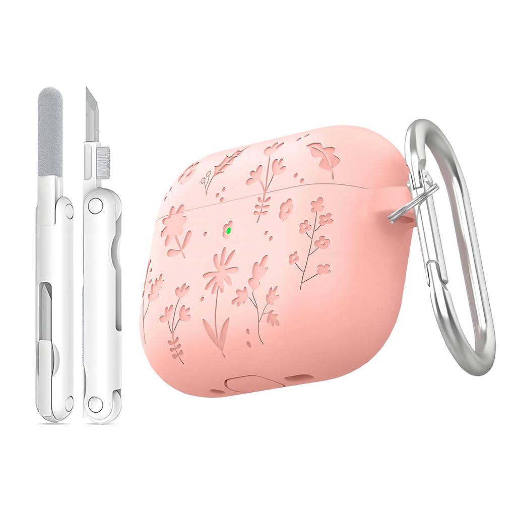 ZORBES® Compatible with Airpods Pro 3, Earbud Charger Case Pink Floral Embossed Silicone Skin Cover, Anti-Slip Anti-Scratch Silicone Protective Case Cover with Carabiner & Cleaning Tool